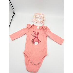 PL Baby Snow Bunny Ruffle Bodysuit and Chick Pea Headband Set Peach 3M